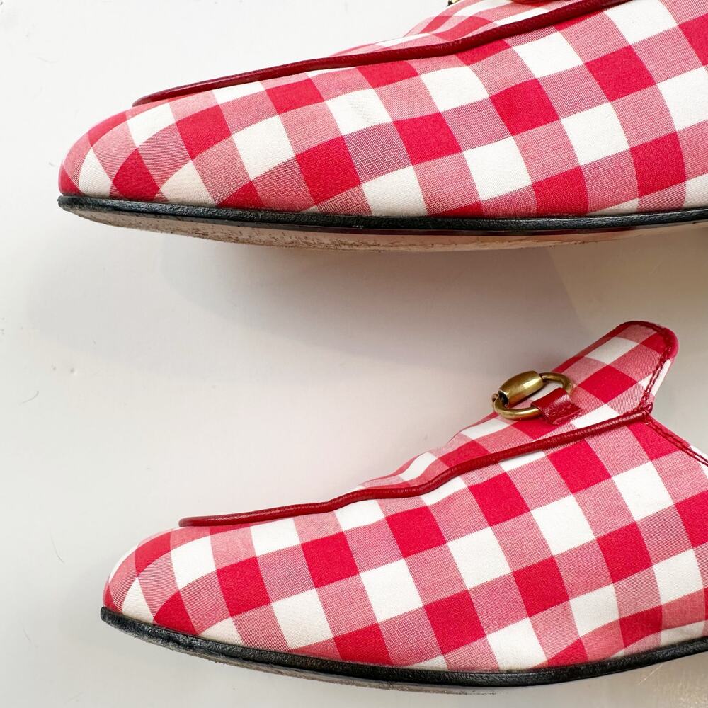 Gucci Princetown Mule Red White Plaid Gold Horsebit Vichy Checkered Size 37 US 7 - Picture 8 of 14
